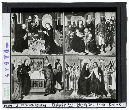 Vorschaubild Meister des Marienlebens: Flügelaltar, Geburt Christi, Heilige Drei Könige, Darstellung im Tempel, Maria und Christus auf dem Thron. Linz, Pfarrkirche 